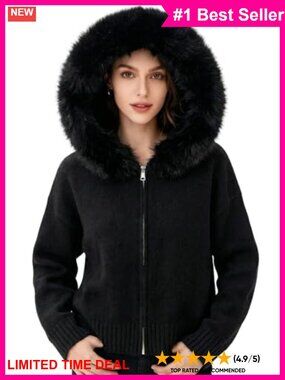 Faux Fur Trim Zip Up Hooded Cardigan Sweater Slim Fit